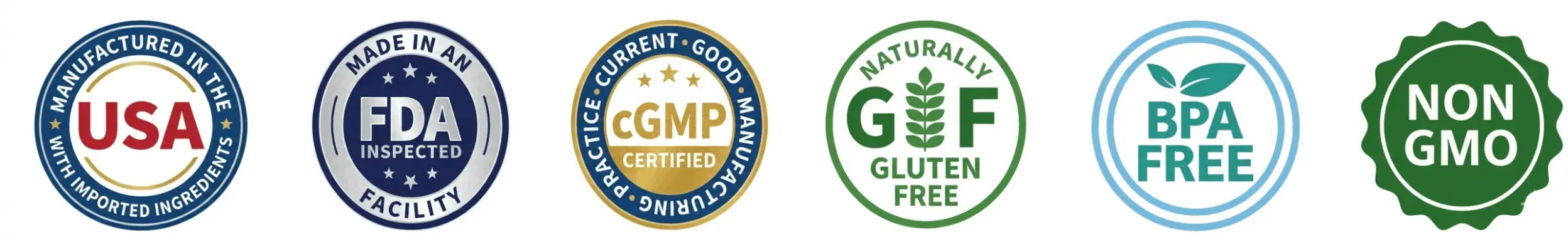 Made in the USA, FDA inspected facility, cGMP certified, gluten free, BPA free and non-GMO quality badges
